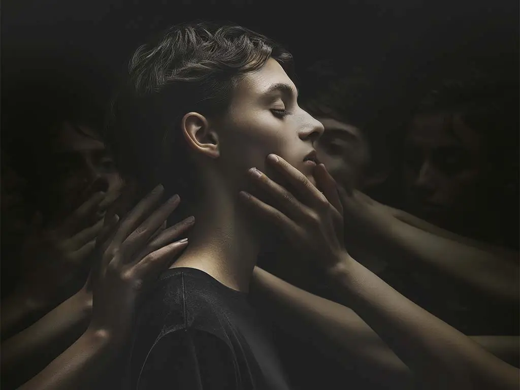 Woman surrounded by helping hands symbolizing support, healing, and emotional regulation
