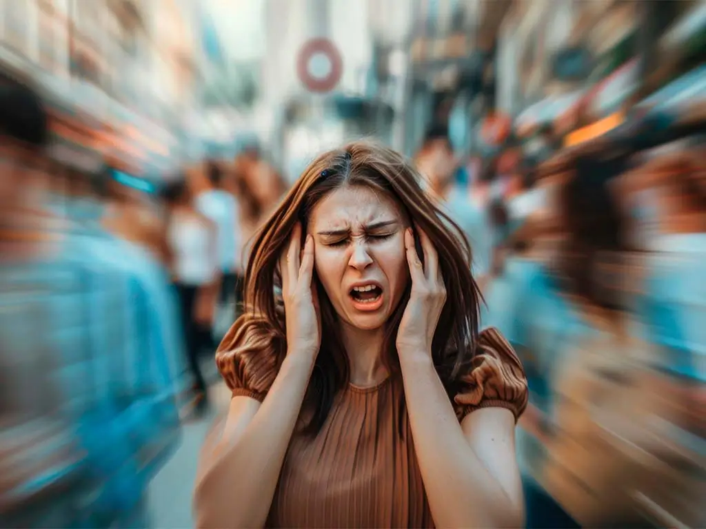 Woman experiencing overwhelm in a busy environment representing stress and energetic interference