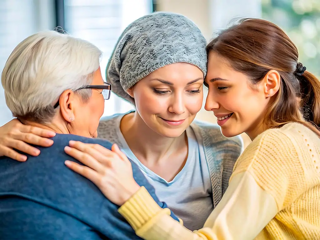 Cancer patient receiving emotional support from family during recovery